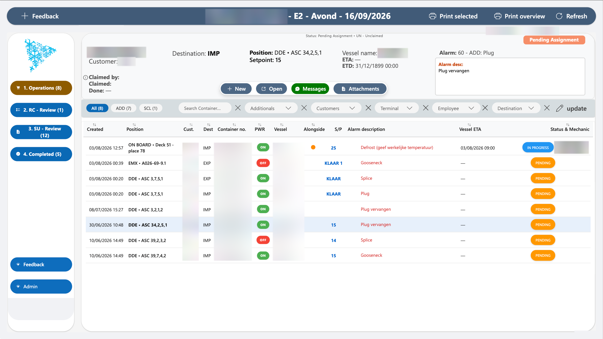 Table of work orders with created date, position, customer, destination, container, power, vessel, alarm description and status.