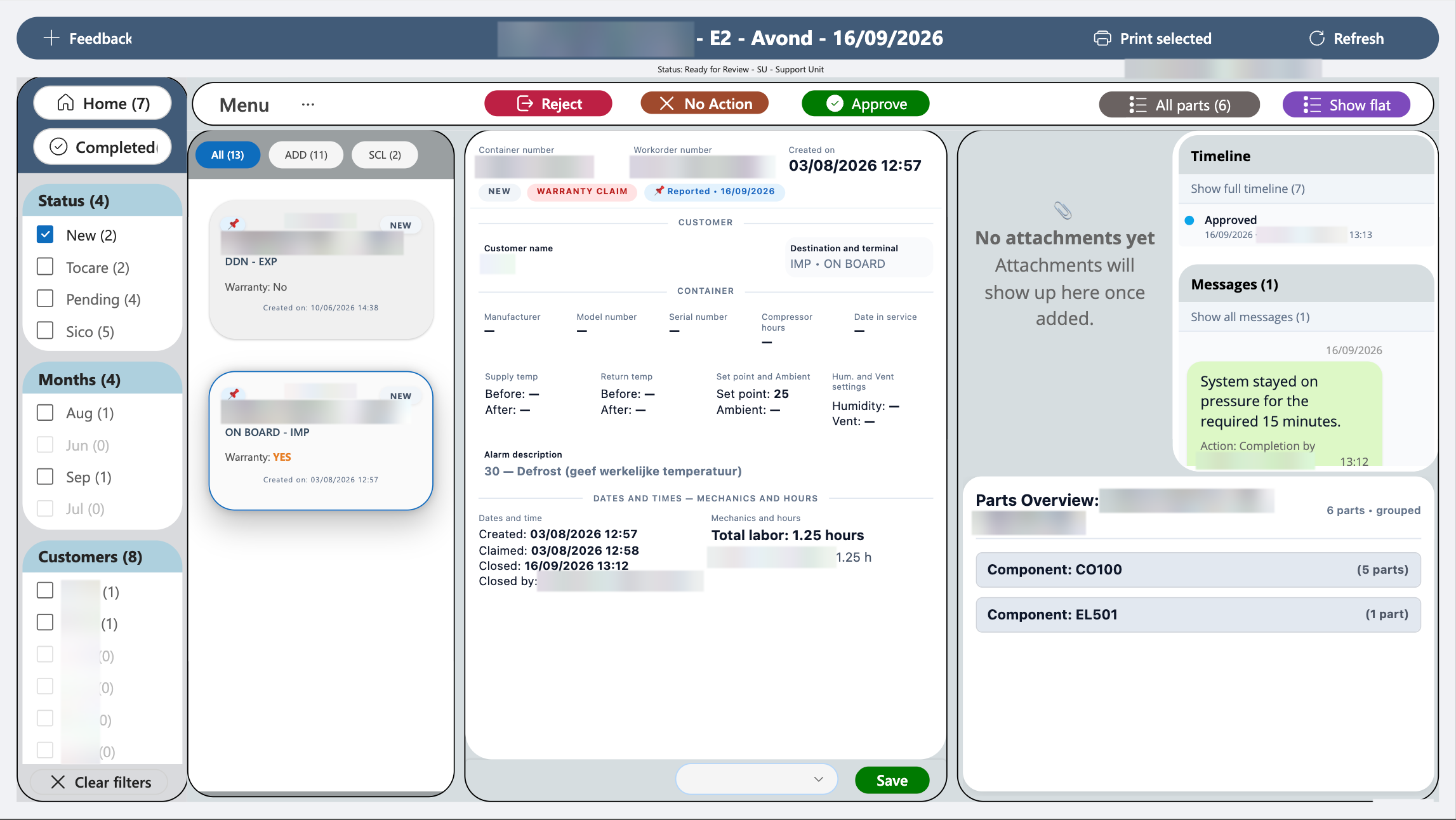 Review screen with filters for status, month and customer, next to a list of work orders.
