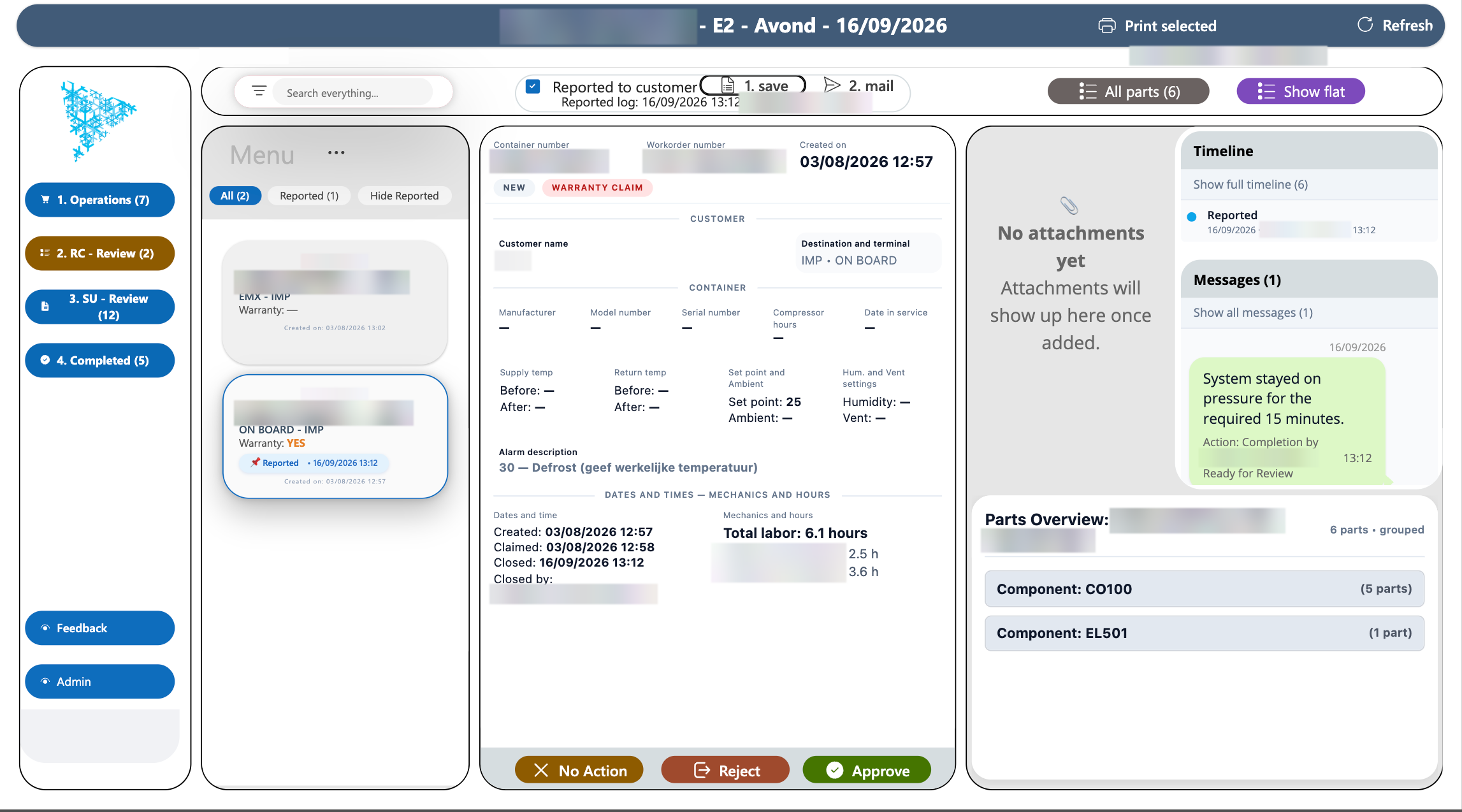 Review screen after reporting to the customer: the report box is checked, the report log shows the date and time, and the work order is marked as reported.