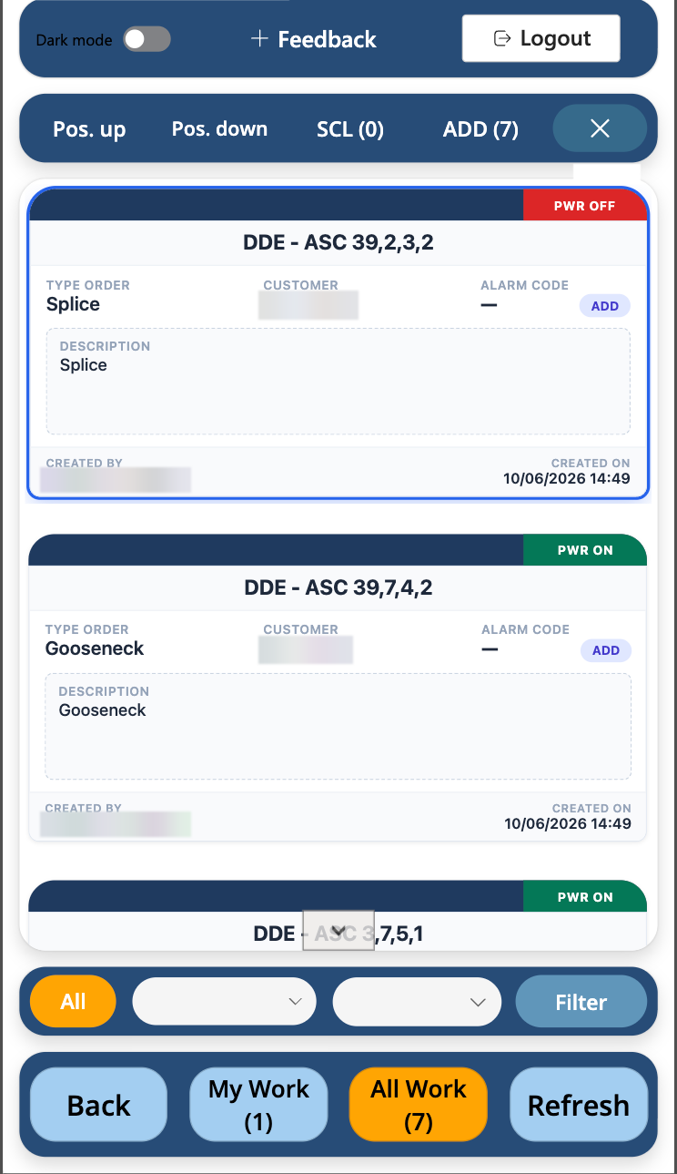 Handheld app list of open jobs; each card shows terminal position, order type, customer, alarm code and power status.