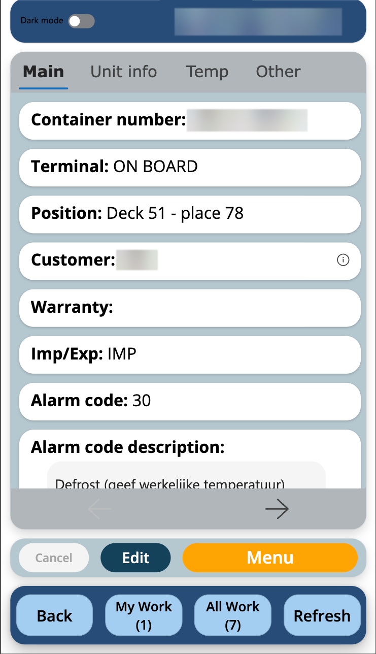 Container detail screen with tabs for main information, unit information, temperatures and other details.