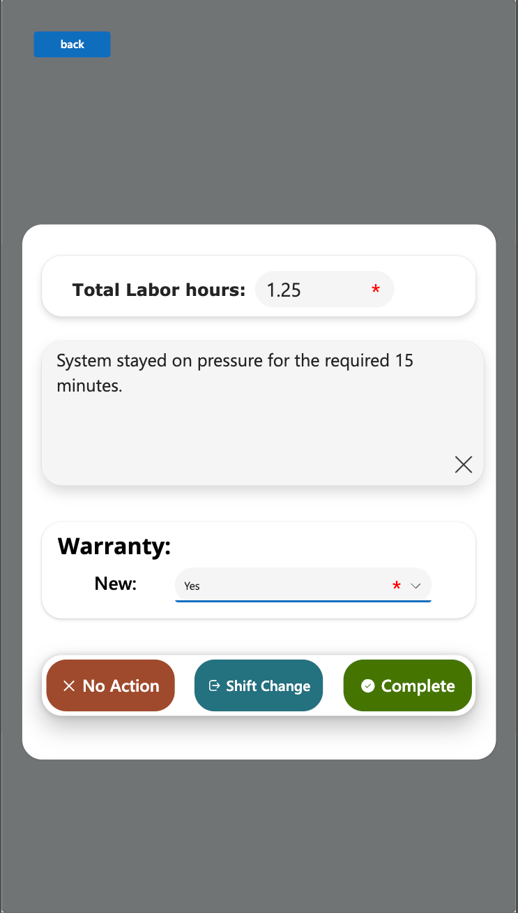 Completion form with total labour hours, notes, warranty and buttons for no action, shift change and complete.
