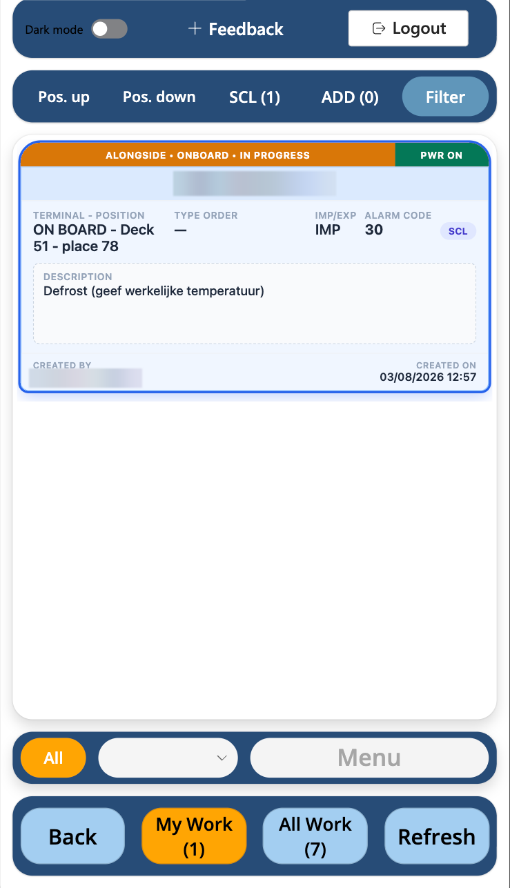 Handheld app showing the mechanic's own job with its position on board, alarm code and description.