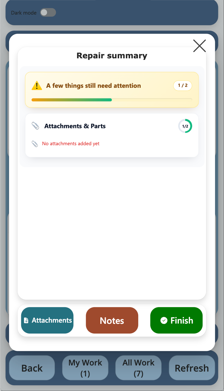 Repair summary showing what still needs attention before finishing, such as missing attachments.